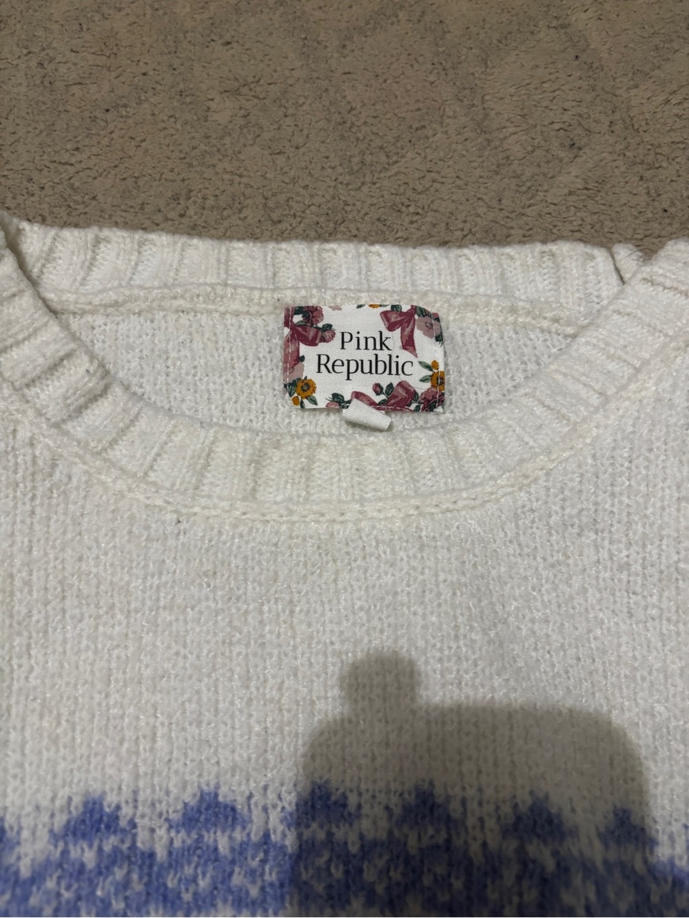Pink Republic Cream Knit Sweater with Blue Fair Isle Detail